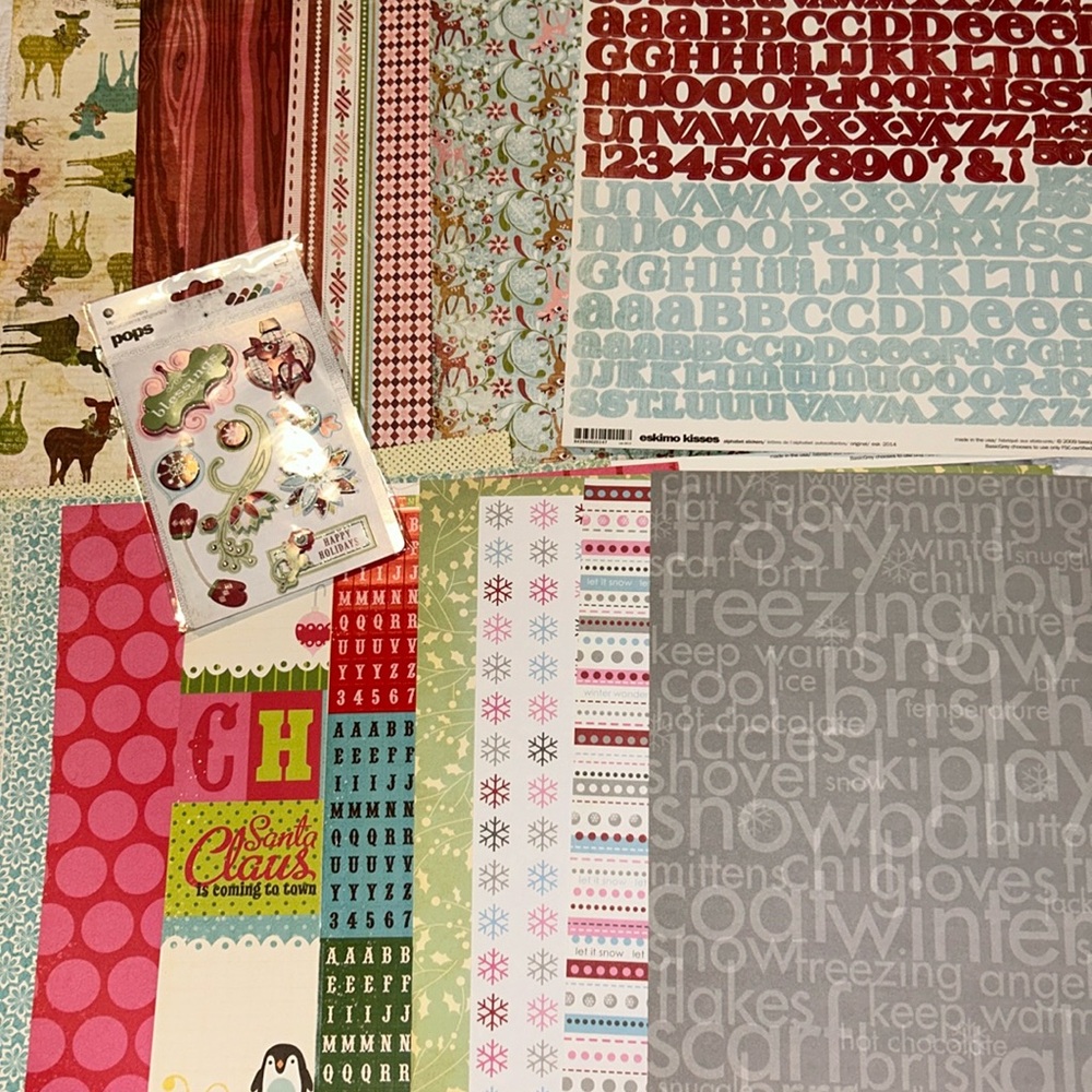 Rare Winter Christmas scrapbooking bundle 14 paper alpha stickers embellishments
